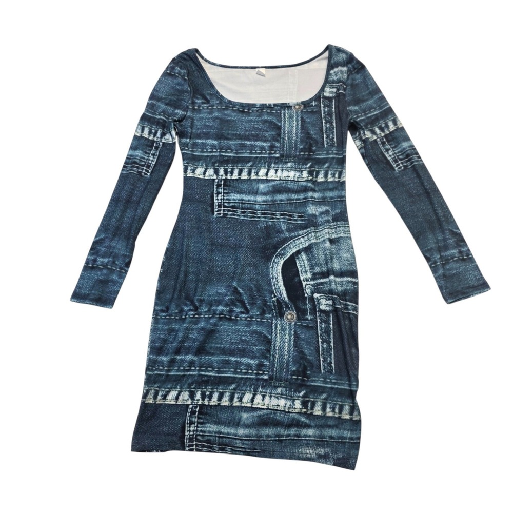Source Unknown Blue Long Sleeve Denim-Print Bodycon Dress